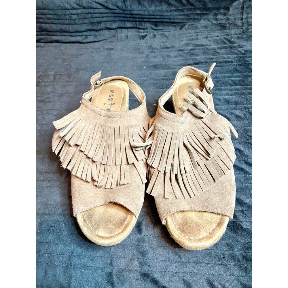 Minnetonka Taupe Suede Fringe Boho Espadrille Wedge Sandals 7130 Sz 7